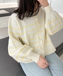 パールボタンボーダーニットカーディガン