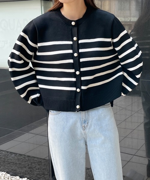 Meli rich（メリーリッチ）の「パールボタンボーダーニットカーディガン（カーディガン/ボレロ・レディース・イエロー/ブラック/アイボリー・FREE）」の20枚目の写真