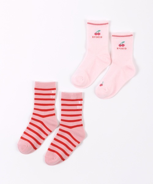 KP DECO（ケーピーデコ）の「日本製/チェリーワンポイントとボーダーリブのクルーソックス２足セット（ソックス/靴下・キッズ・サックスブルー/ピンク・14cm/16cm/18cm/20cm/22cm）」の2枚目の写真