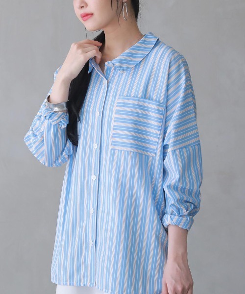 osharewalker（オシャレウォーカー）の「【廃盤】『3色ストライプ柄シャツ』（シャツ/ブラウス・レディース・ライトブルー/ピンク/グレー・FREE）」の10枚目の写真