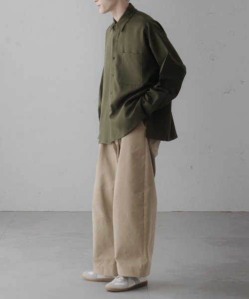 オーガ フリルシャツ ノーカラー ラウンドヘム サイドスリット グレー