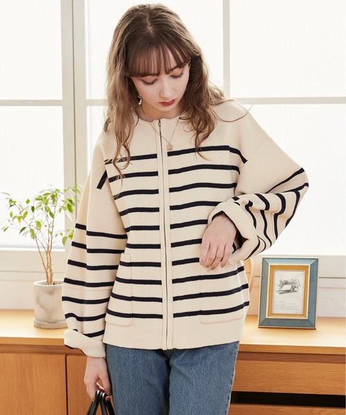 あんじー セール】ランタンスリーブ ニットジップカーディガン