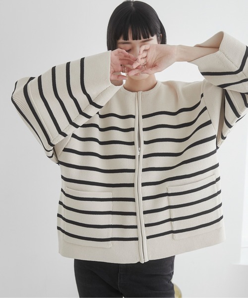 セール】ランタンスリーブ ニットジップカーディガン（カーディガン
