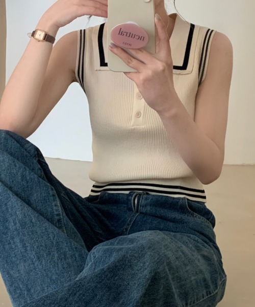 mebole(メボレ)の「配色ラインノースリーブトップス(ニット/セーター・レディース・ホワイト/ブラック・FREE)」の8枚目の写真
