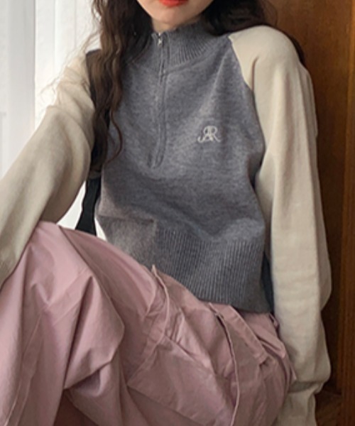Vipoa(ヴィポア)の「ワンポイント刺繍ラグランハーフジップニット(ニット/セーター・レディース・グレー/アイボリー・FREE)」の9枚目の写真
