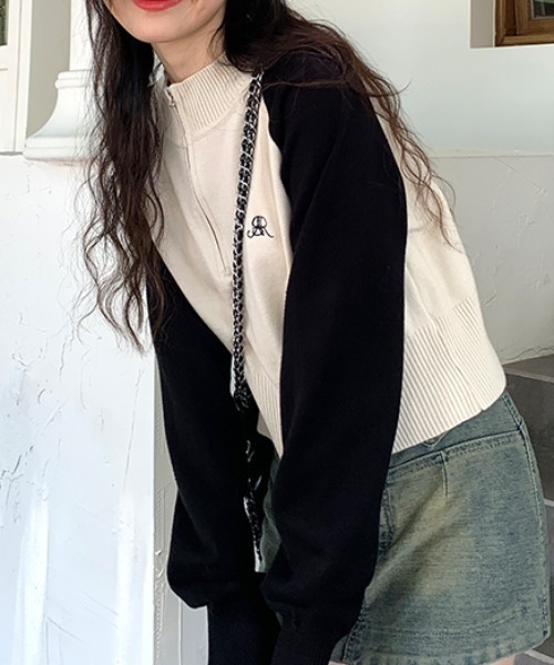 Vipoa(ヴィポア)の「ワンポイント刺繍ラグランハーフジップニット(ニット/セーター・レディース・グレー/アイボリー・FREE)」の14枚目の写真