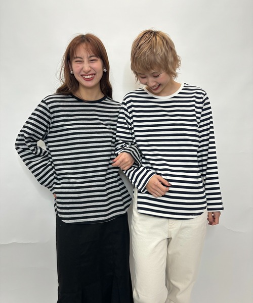 Alite cloth(アリーテクロス)の「クルーネック裾ラウンドヘムボーダーロンT(Tシャツ/カットソー・レディース・レッド/ブラック系その他/グリーン/ホワイト系その他/ブルー/ホワイト/ブラック・M/L/XL)」の4枚目の写真