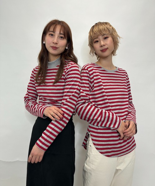 Alite cloth(アリーテクロス)の「クルーネック裾ラウンドヘムボーダーロンT(Tシャツ/カットソー・レディース・レッド/ブラック系その他/グリーン/ホワイト系その他/ブルー/ホワイト/ブラック・M/L/XL)」の7枚目の写真
