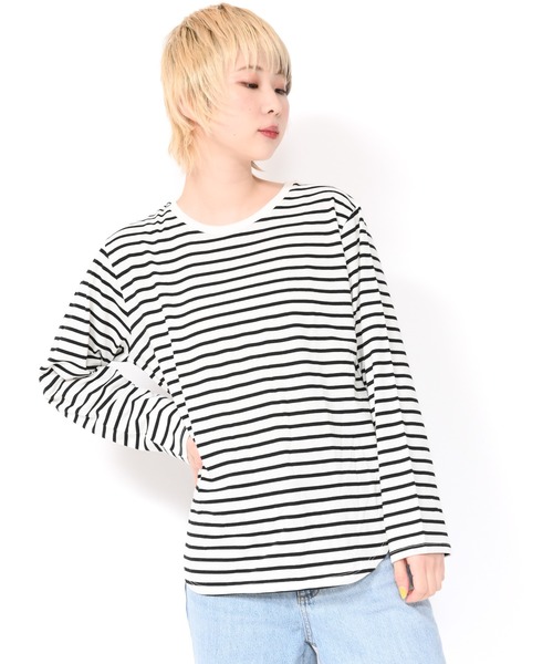 セール】クルーネック裾ラウンドヘムボーダーロンT（Tシャツ