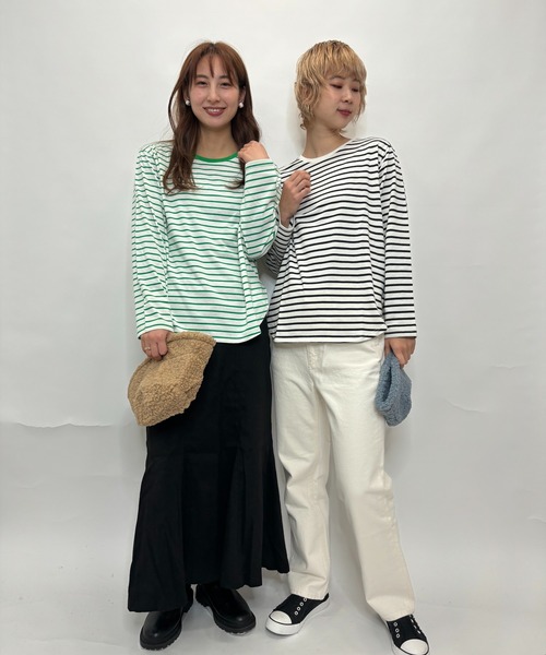 Alite cloth(アリーテクロス)の「クルーネック裾ラウンドヘムボーダーロンT(Tシャツ/カットソー・レディース・レッド/ブラック系その他/グリーン/ホワイト系その他/ブルー/ホワイト/ブラック・M/L/XL)」の9枚目の写真
