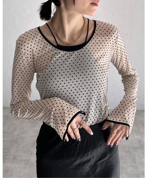 leimn（レイムン）の「フロッキードットシアートップス（Tシャツ/カットソー・レディース・ベージュ/ブラック・M）」の2枚目の写真