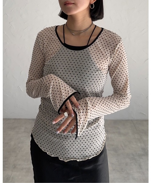 leimn（レイムン）の「フロッキードットシアートップス（Tシャツ/カットソー・レディース・ベージュ/ブラック・M）」の7枚目の写真