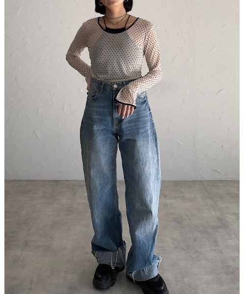 leimn（レイムン）の「フロッキードットシアートップス（Tシャツ/カットソー・レディース・ベージュ/ブラック・M）」の9枚目の写真