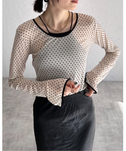 leimn（レイムン）の「フロッキードットシアートップス（Tシャツ/カットソー・レディース・ベージュ/ブラック・M）」の6枚目の写真