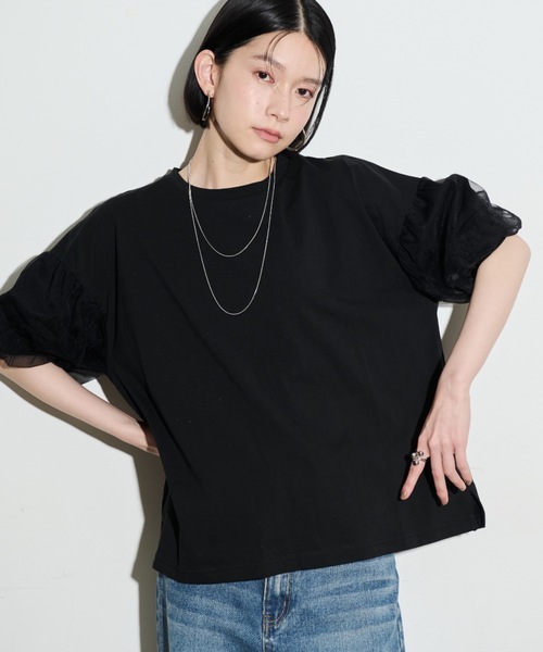 Shelly island（シェリーアイランド）の「チュールパフTシャツ（Tシャツ/カットソー・レディース・ホワイト/ブラック・FREE）」の2枚目の写真