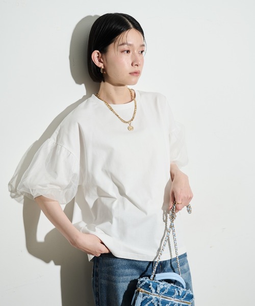 Shelly island（シェリーアイランド）の「チュールパフTシャツ（Tシャツ/カットソー・レディース・ホワイト/ブラック・FREE）」の5枚目の写真