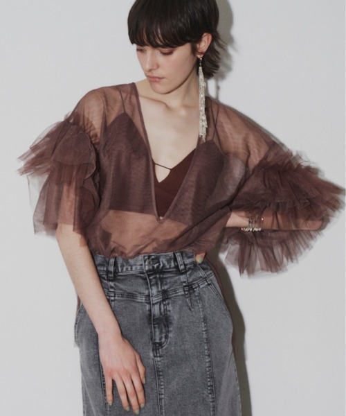 セール】VネックボリュームチュールギャザーハーフスリーブTOPS
