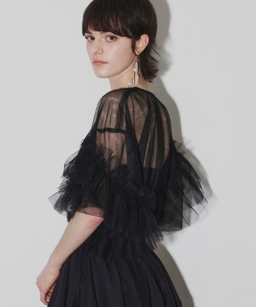 セール】VネックボリュームチュールギャザーハーフスリーブTOPS