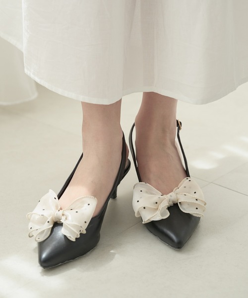 2way tulle ribbon back strap pumps / 2wayチュールリボン