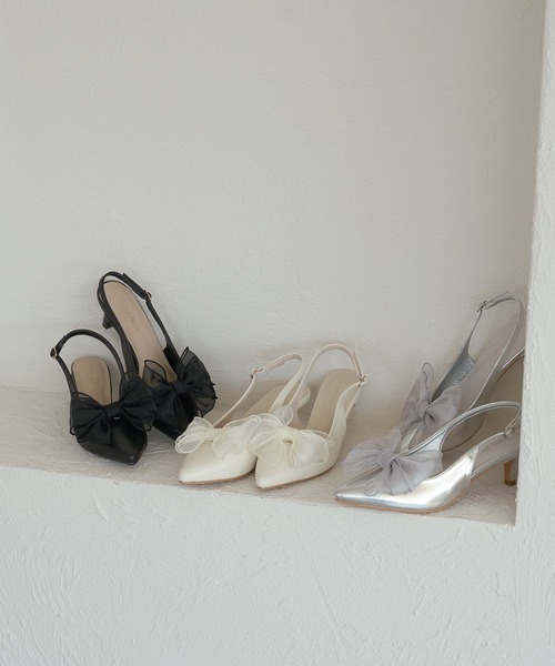 2way tulle ribbon back strap pumps / 2wayチュールリボン
