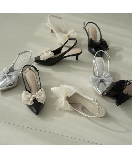 2way tulle ribbon back strap pumps / 2wayチュールリボン