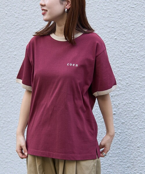 coen(コーエン)の「【WEB限定】コーエンロゴ刺繍リンガーTシャツ(Tシャツ/カットソー・レディース・ダークグリーン/ダークグレー/オレンジ系その他/ナチュラル・L/M)」の4枚目の写真
