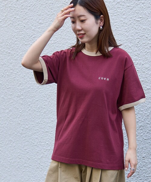 coen(コーエン)の「【WEB限定】コーエンロゴ刺繍リンガーTシャツ(Tシャツ/カットソー・レディース・ダークグリーン/ダークグレー/オレンジ系その他/ナチュラル・L/M)」の5枚目の写真