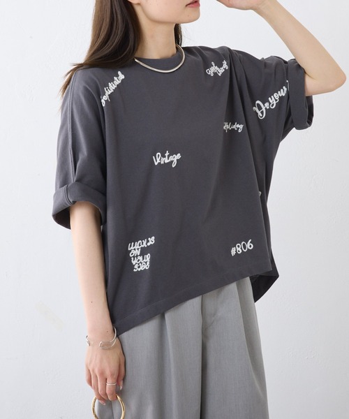 PUAL CE CIN(ピュアルセシン)の「手描き風ロゴ刺繍ハーフスリーブTシャツ(Tシャツ/カットソー・レディース・グレー/オフホワイト/ブラウン・FREE)」の20枚目の写真