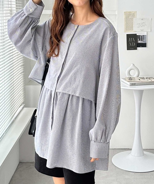 GeeRA(ジーラ)の「【M~3L展開】ふんわりペプラムが大人可愛い!羽織にもなる!ペプラムシャツチュニックブラウス(シャツ/ブラウス・レディース・オフホワイト/ブラック系その他/ブラック・MEDIUM/LARGE/X-LARGE/XX-LARGE)」の5枚目の写真