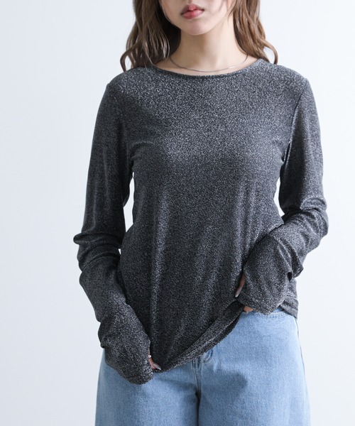 n'OrLABEL（ノアールレーベル）の「『ラメシアークルーネック指穴カットソー』（Tシャツ/カットソー・レディース・ブラック/ブラウン/イエロー/シルバー・2/1）」の2枚目の写真