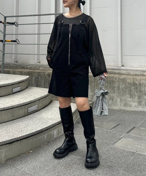 WILLOW（ウィロー）の「【WILLOW】ショートサロペット（サロペット/オーバーオール・レディース・ライトブラウン/ブラック・ONE SIZE）」の5枚目の写真