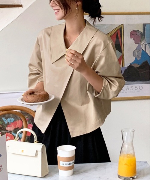 MAISON DE THERESE(メゾン ド テレーズ)の「chic開襟ゆったり長袖ジャケット(テーラードジャケット・レディース・ブラック/ベージュ・FREE)」の4枚目の写真