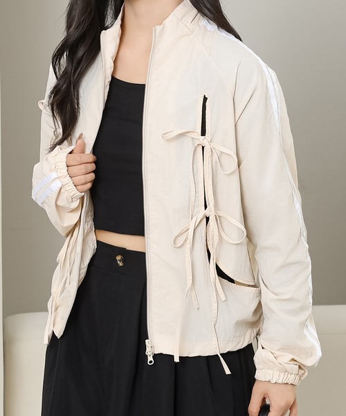 セール】配色 ライン リボン付き スタンドカラー ジャケット（その他