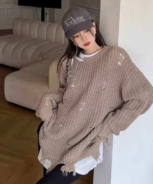 GEMEDA（ジェメダ）の「ダメージ加工ニットプルオーバー（ニット/セーター・レディース・ベージュ/ダークグレー・M）」の14枚目の写真