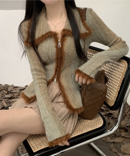 セール】ダブルZIP/グラデーションレトロカラーブロックカーディガン