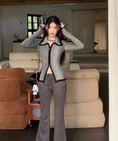 セール】ダブルZIP/グラデーションレトロカラーブロックカーディガン