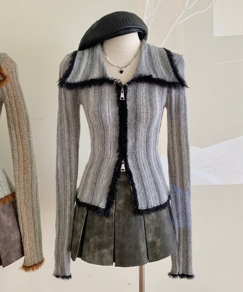 ヴェロティカ セール】ダブルZIP/グラデーションレトロカラーブロックカーディガン