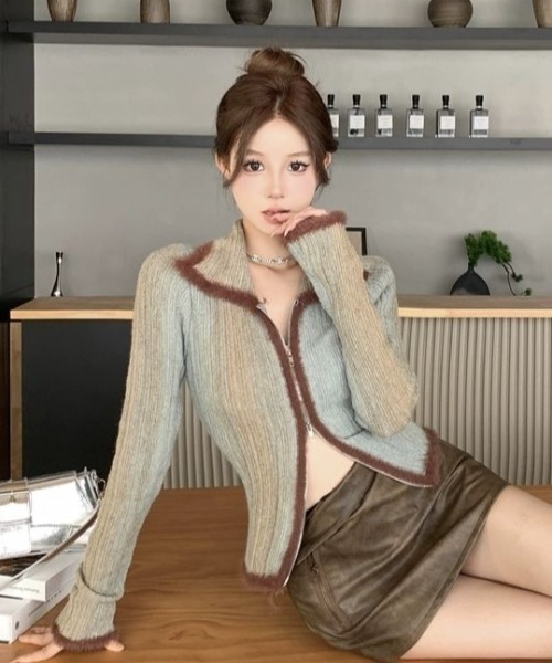 セール】ダブルZIP/グラデーションレトロカラーブロックカーディガン