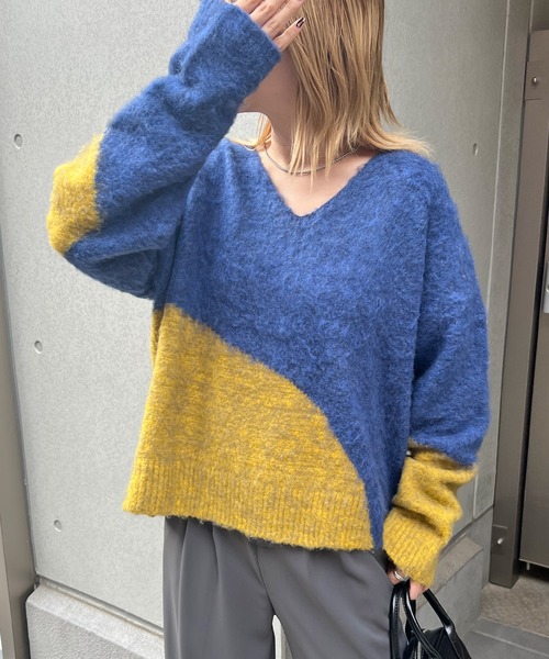 ABYS(アビス)の「まとまるバイカラー。配色ふわふわジャギーニットトップス(ニット/セーター・レディース・ブラウン/ブルー/グレー・FREE)」の8枚目の写真