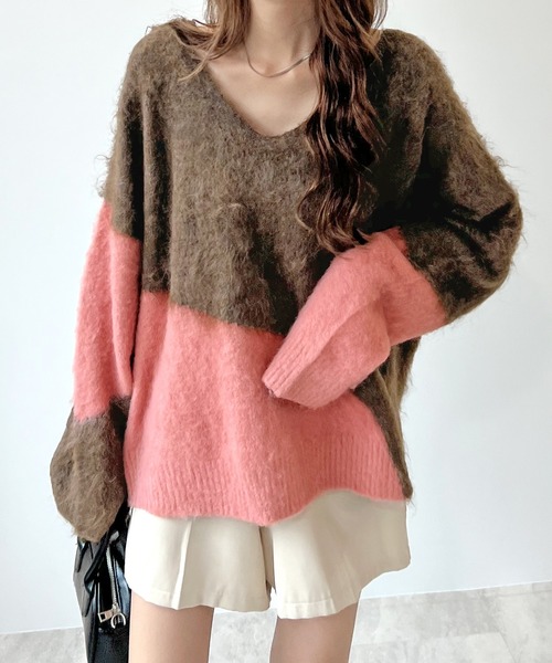 ABYS(アビス)の「まとまるバイカラー。配色ふわふわジャギーニットトップス(ニット/セーター・レディース・ブラウン/ブルー/グレー・FREE)」の15枚目の写真