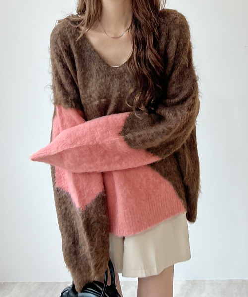 ABYS(アビス)の「まとまるバイカラー。配色ふわふわジャギーニットトップス(ニット/セーター・レディース・ブラウン/ブルー/グレー・FREE)」の18枚目の写真