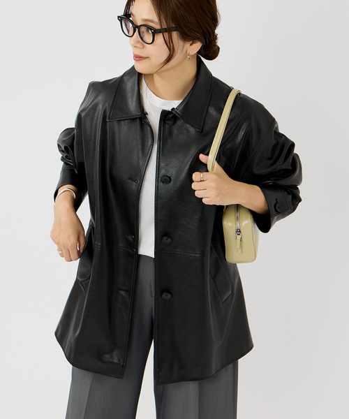 ウォッシャブルレザーファー襟付き　ジャーナルスタンダード　黒 ウォッシャブル フェイクレザーファー襟付カバーオール