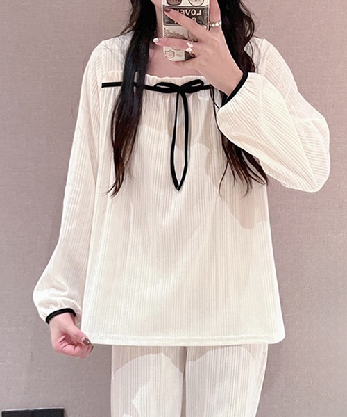 Teem Store(チームストア)の「フロントリボンルームウェア(ルームウェア/パジャマ・レディース・アイボリー/ブルー/ピンク/イエロー/パープル・M/L)」の8枚目の写真
