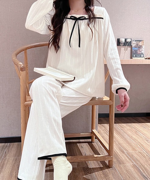 Teem Store(チームストア)の「フロントリボンルームウェア(ルームウェア/パジャマ・レディース・アイボリー/ブルー/ピンク/イエロー/パープル・M/L)」の9枚目の写真