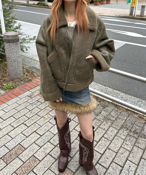 美品　高級✨　カールドノヒュー　リアルムートンコート　カーキ　ベルト　Sサイズ リアルムートンコート レディース ロング 本革 ラムレザー 毛皮