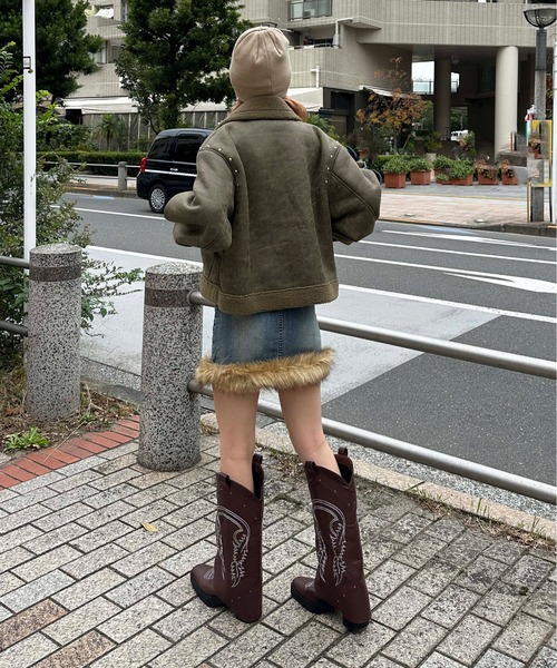 美品　高級✨　カールドノヒュー　リアルムートンコート　カーキ　ベルト　Sサイズ リアルムートンコート レディース ロング 本革 ラムレザー 毛皮