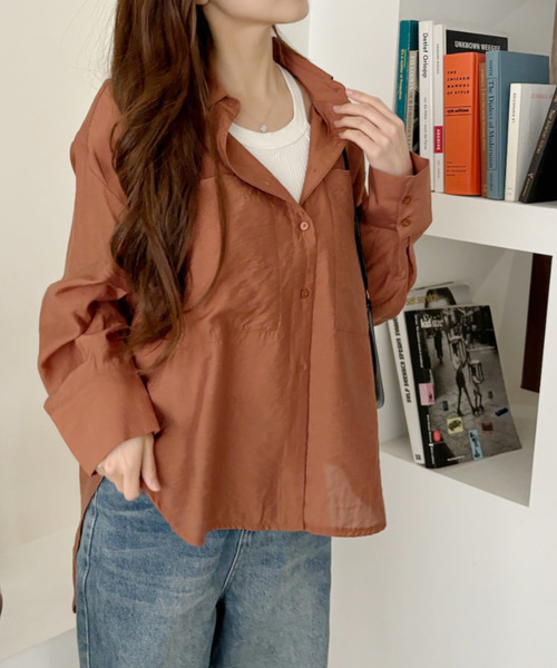 Ada.(エイダ)の「【Eclat one】シアー サテン ポケット デザイン ルーズシルエット シャツ(シャツ/ブラウス・レディース・ブラウン/ネイビー/オフホワイト・FREE)」の7枚目の写真
