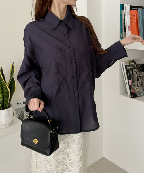 Ada.(エイダ)の「【Eclat one】シアー サテン ポケット デザイン ルーズシルエット シャツ(シャツ/ブラウス・レディース・ブラウン/ネイビー/オフホワイト・FREE)」の13枚目の写真