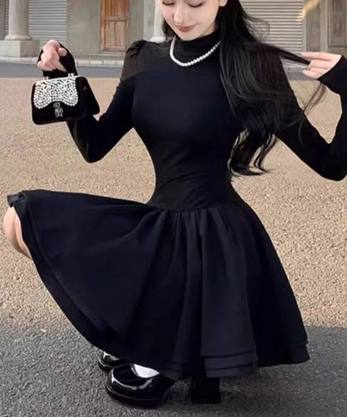 gossip!ロサンゼルス(ゴシップロサンゼルス)の「ハイネック リブニット フレアミニワンピース レディース 長袖 ウエストマーク(ワンピース・レディース・ブラック・L/M/S)」の10枚目の写真