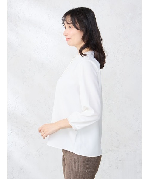 パーフェクトスーツファクトリー Perfect Suit FActory 配色バンドカラー ジョーゼットブラウス （L．グレー） セール】配色バンドカラー ジョーゼットブラウス オフホワイト
